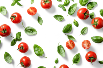Top view of fresh tomatoes and basil leaves isolated on white or transparent background