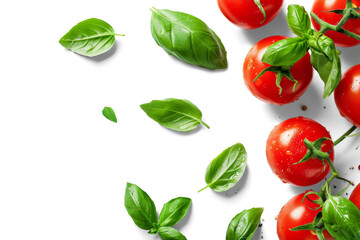 Top view of fresh tomatoes and basil leaves isolated on white background