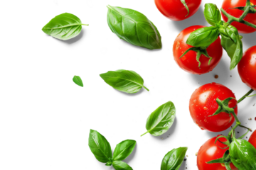 Top view of fresh tomatoes and basil leaves isolated on white background