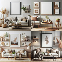Interior of modern living room with mock up poster frame, 3d render