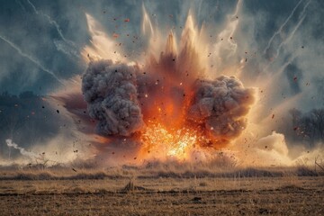 An intense explosion captures a moment of dynamic action in a desolate field, featuring vivid flames and billowing smoke against a clear sky. - obrazy, fototapety, plakaty