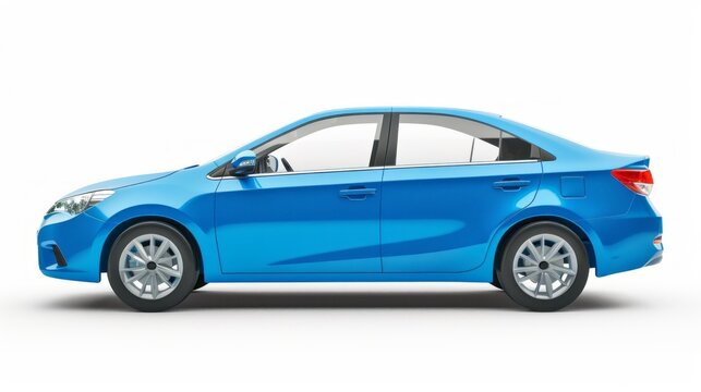 A blue car is parked on a white background