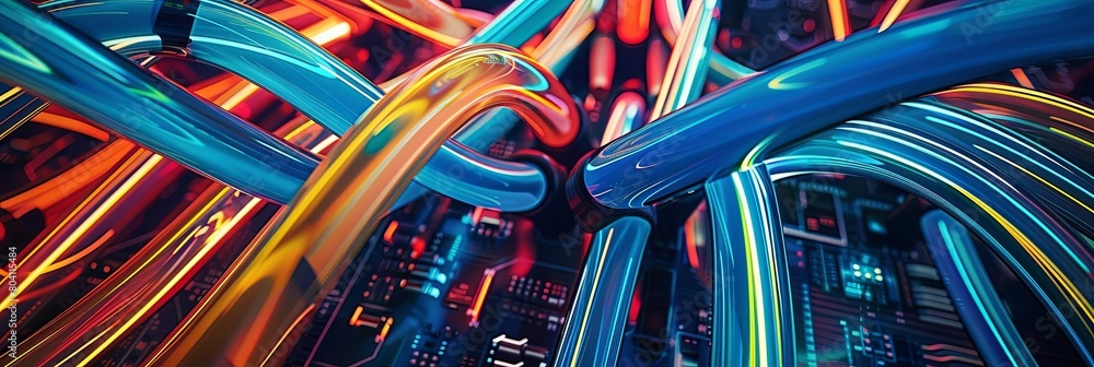 Poster abstract pattern of colorful ethernet cables against a futuristic grid