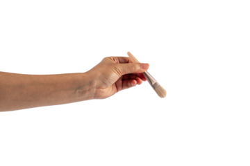 Cosmetic brushes in hand on transparent background. Set of makeup brushes