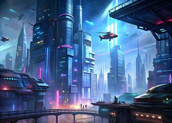a futuristic city filled with flying vehicles and majestic skyscrapers under neon light