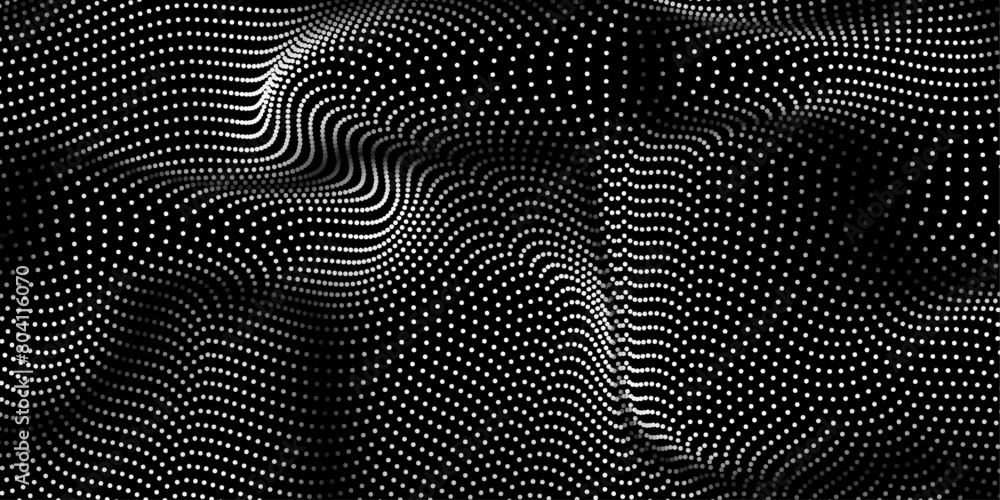 Leinwandbilder 3D background abstract flowing dots particle wave pattern in half-tone gradient color. Minimalist vector texture black and white curved line pattern for music technology template.