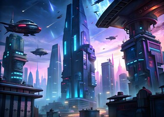 a futuristic city filled with flying vehicles and majestic skyscrapers under neon light
