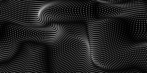 3D background abstract flowing dots particle wave pattern in half-tone gradient color. Minimalist vector texture black and white curved line pattern for music technology template.