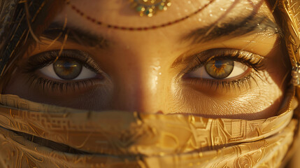 closeup eyes of woman in Arab burqa costume close up . oriental tales aesthetics. at sunset in the desert