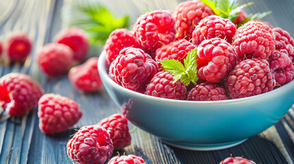 Bowl of fresh raspberries on table closeup