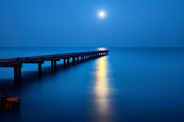 Moonlit Serenity: Nighttime Pier with Moonlight Reflecting on the Calm Sea Surface, Blurred Foreground Ripples Enhancing the Peaceful Night Atmosphere
