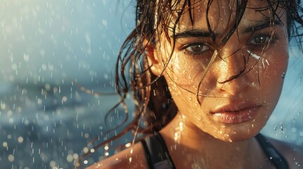 A young woman with wet hair and a determined look on her face is running through the rain