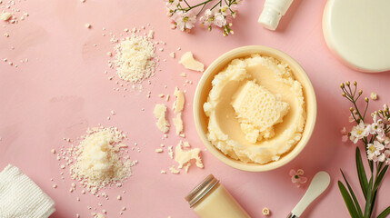 Bowl of shea butter and bath supplies on color background