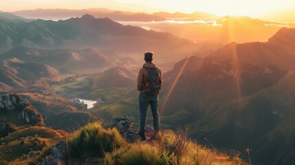 Majestic Sunrise: Man Admiring Mountain Valley