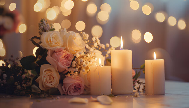 Burning candles with beautiful flowers on beige table against blurred lights. Divaly celebration