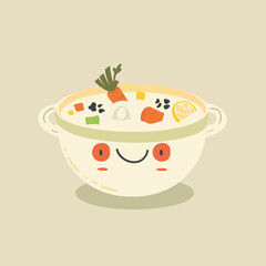 A cartoon bowl of soup Ciorba Radauteana with a carrot in it. The bowl is smiling and the carrot is also smiling