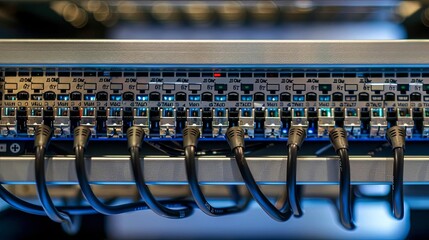 close - up of ethernet ports on a networking switch - obrazy, fototapety, plakaty