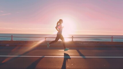 Fototapeta premium Active Woman Running Along the Seaside at Sunset
