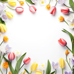 Elegant floral arrangement with a variety of colorful tulips and daffodils creating a fresh, springtime border