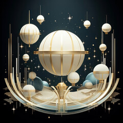 Ethereal cosmic art scene with floating spheres and shimmering stars set