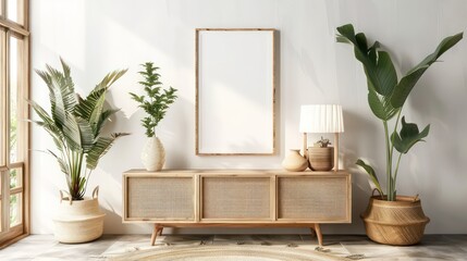 An empty vertical frame mockup hanging on the wall in interior, with white brick walls and rattan furniture with a wooden sideboard cabinet under it, and plant pot decoration.