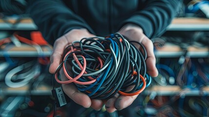 hands holding a bundle of neatly coiled cables, with a blue person and a white hand visible in the background