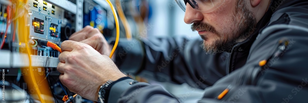 Poster high angle view of a technician testing data cables with diagnostic tools