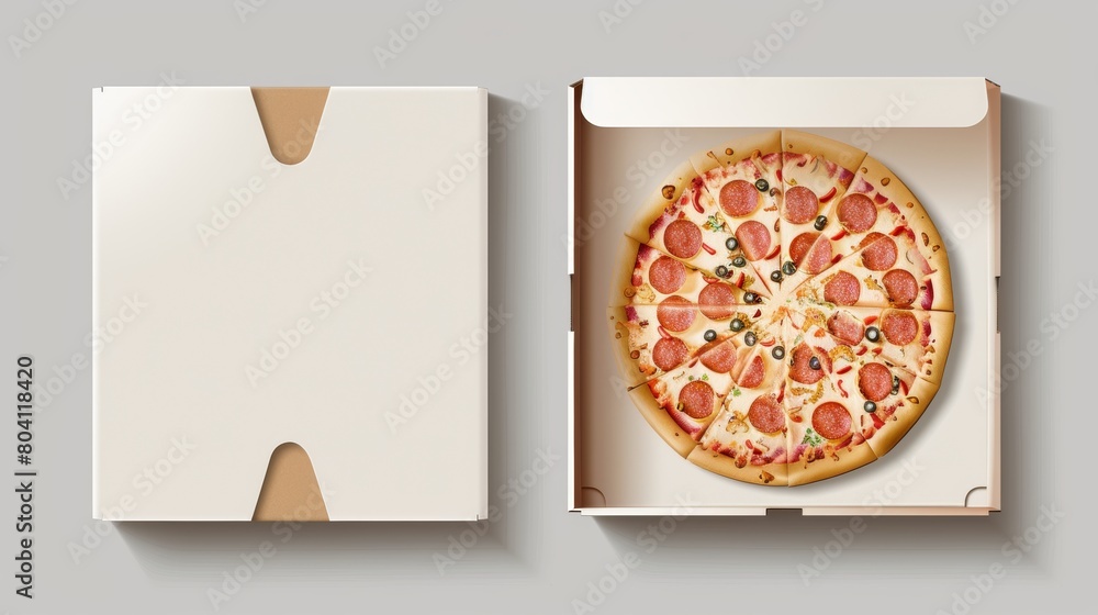 Poster three dimensional realistic mock up of empty cardboard pizza boxes with the cover open and closed. p