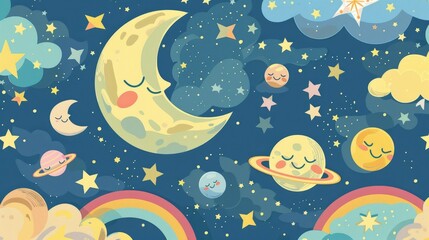 This is a baby room decoration with cute moon, rainbow, clouds, planets and stars. This is a watercolor clipart in boho style for kids rooms featuring moon and star characters.