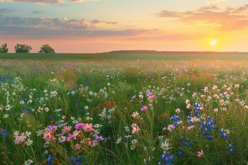 Springtime Serenity: Wild Flowers Sunset Background in Nature