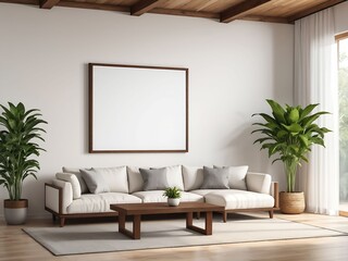 Mockup poster frame in living room with Scandinavian living room, interior mockup design, frame mockup