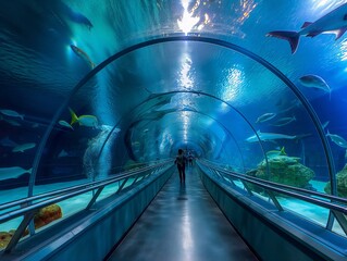 Visitors walking through an immersive underwater tunnel with fish swimming around.