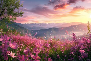 Obraz premium Wild Flowers Meadow: Pink Blossoms at Twilight