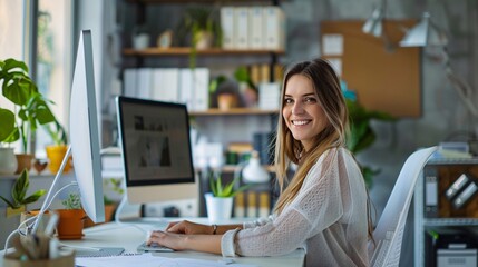 Architect woman at desk, computer screen or web design for construction firm or agency. Professional female creative with smile, portrait or working desk with research for architecture website layout