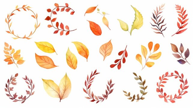Wreath of colorful autumn fall leaves isolated on white background. Watercolour illustration with place for save date, text, photo. Fall, autumn, Thanksgiving
