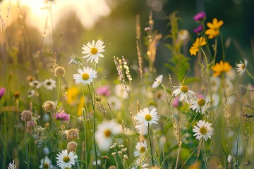 Enchanting Evening Blooms: Wild Flowers in Summer Sunlight