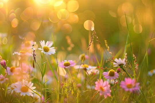 Wild Flowers Blooming: Sunlit Meadow, Serene Bokeh Background