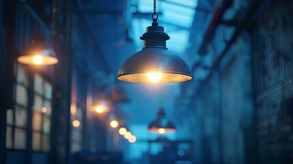 close-up,portrait of modern factory illumination, featuring dynamic factory lighting that creates a moody atmosphere through the strategic placement of industrial light sources,