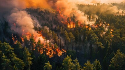 Aerial view of wildfire spreading through forest with smoke