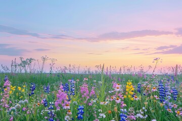 Obraz premium Wild Flowers Dusk Panorama: Serene Meadow Pastel Skies