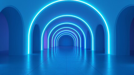 An abstract tunnel with many arches glowing with neon blue light. Realistic modern illustration of an empty 3D passage. Contemporary art gallery, space station, futuristic building interior design.