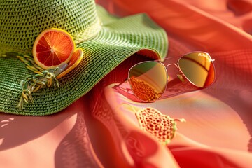 Vibrant summer essentials with a straw hat, sunglasses, and orange slice on a colorful fabric