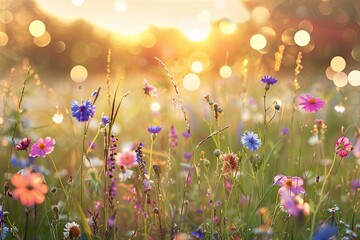 Blooming Meadows: Wild Flowers Nature Background with Bokeh Springtime Panorama