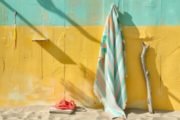 Bright and colorful beach setup with towel, sandals, and driftwood against a yellow wall