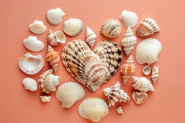 Heart-shaped shell collection creatively arranged on a coral background