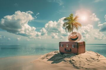 Vintage suitcase with straw hat on a sandy beach under a sunny sky with palm tree
