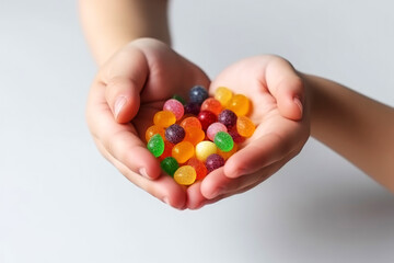 generated Illustration hands of young girl holds small colorful candies and sweets