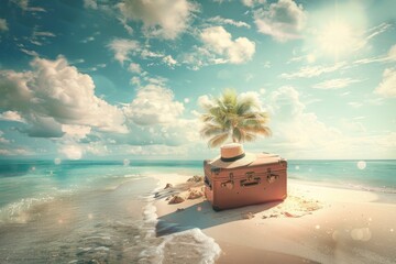 Vintage suitcase with hat and palm on a sunny beach landscape