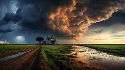 Naklejka na ściany i meble A farm in a field a sky that brings the storm