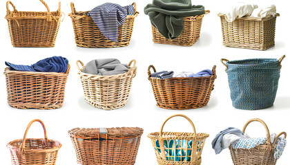 Set of many different wicker baskets with laundry isolated on white